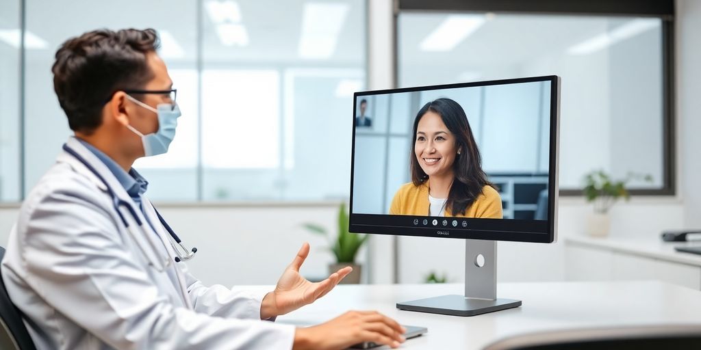 Healthcare professional in virtual consultation with remote patient.