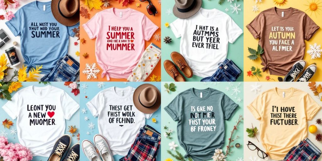 Collage of funny t-shirts styled for different seasons.