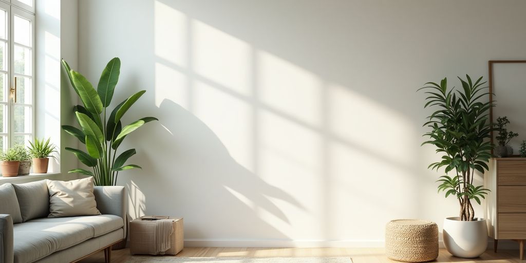 Bright living room with clean, mold-free walls and plants.