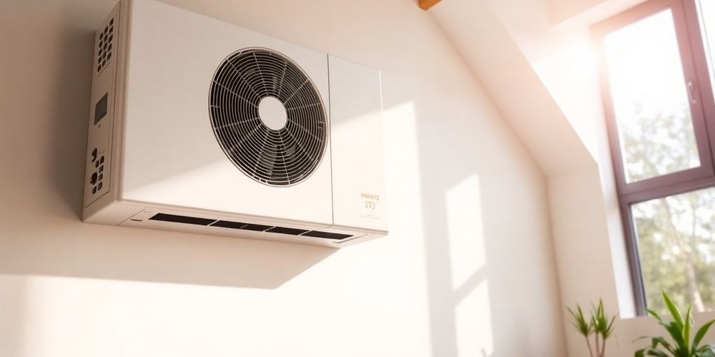 Modern heat pump installed in a bright home.