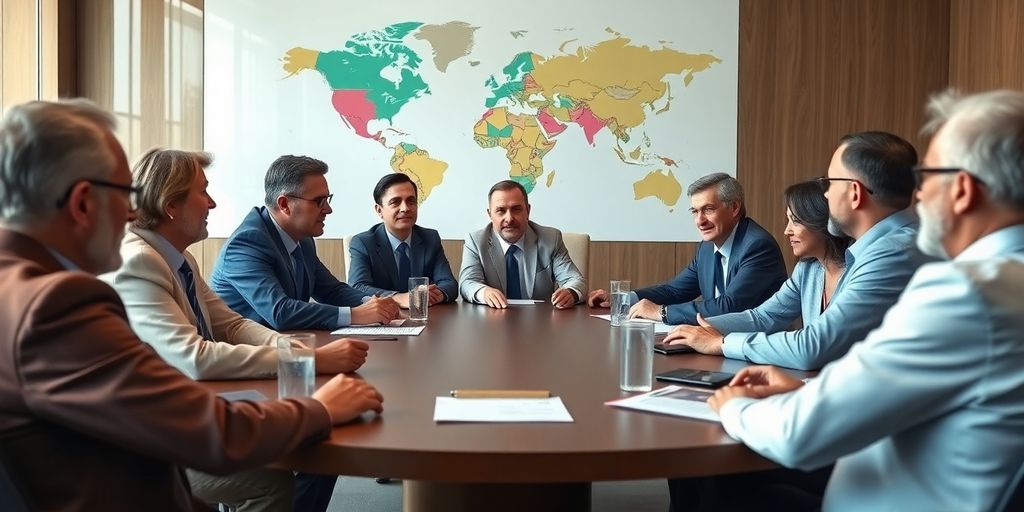 Diverse leaders discussing global challenges in a conference room.
