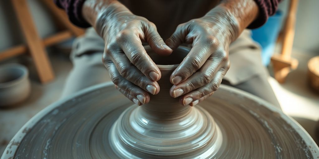 A person's hands shaping clay on a potter's wheel.