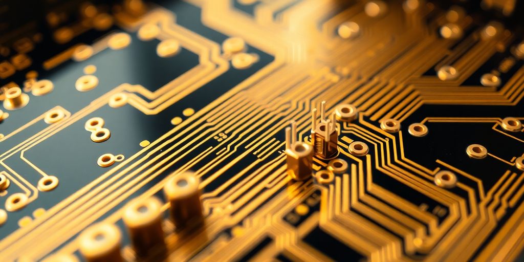 Circuit imprimé en or avec des composants brillants.