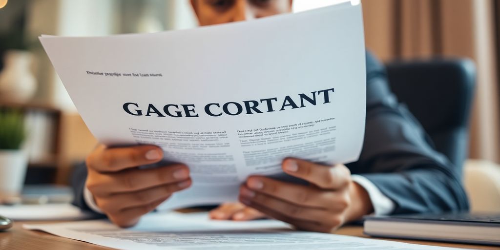 Papiers de prêt sur gage avec des mains tenant le contrat.