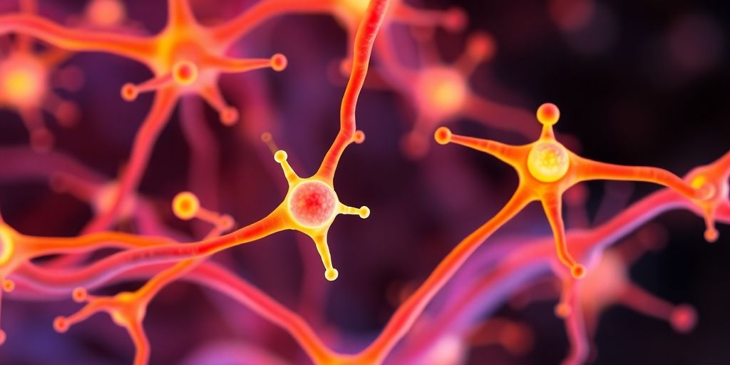 Colorful brain neurons with dopamine molecules.