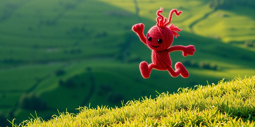 Yarny, der Garncharakter, springt über eine Schlucht.