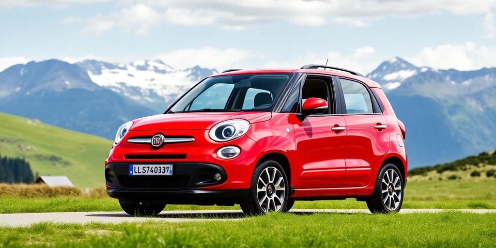 Fiat 500L in der Schweiz mit Alpen im Hintergrund.