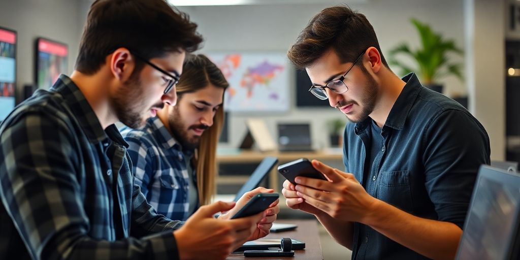 Professional mobile app development team collaborating.