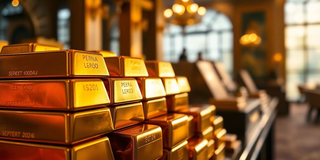 Des barres d'or empilées dans un cadre luxueux.