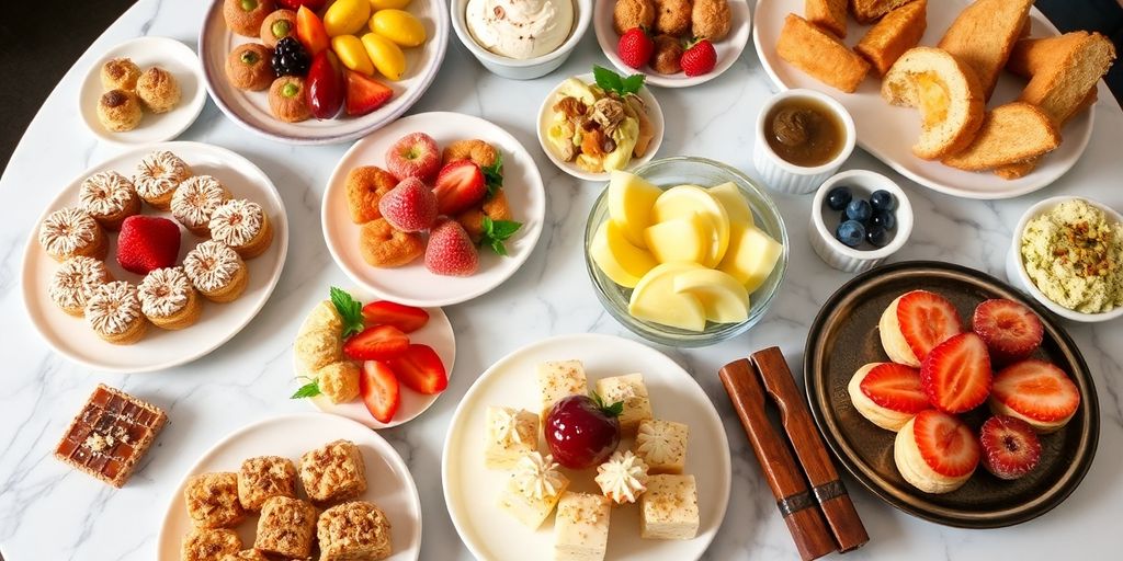 ขนมและขนมหวานที่จัดเรียงอย่างสวยงามบนโต๊ะ