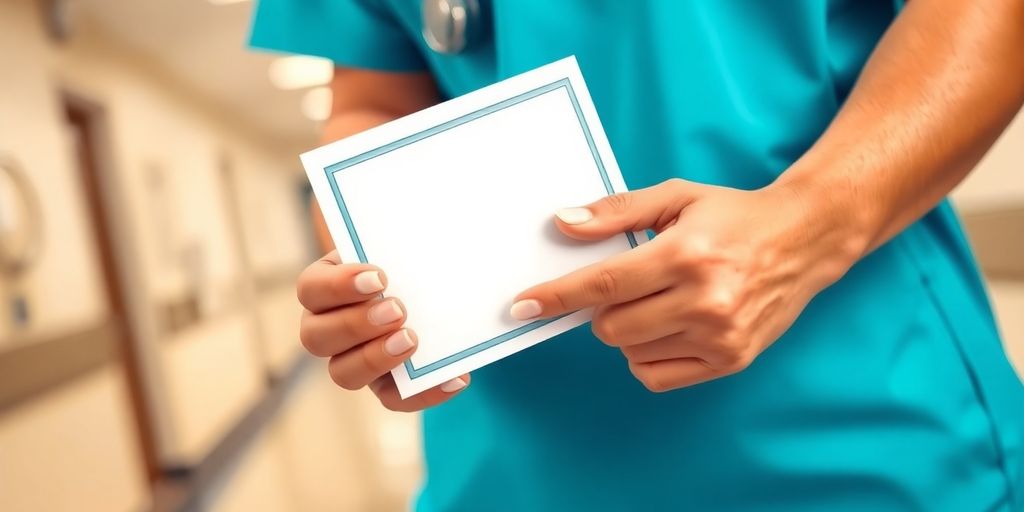 Nurse holding certification document.