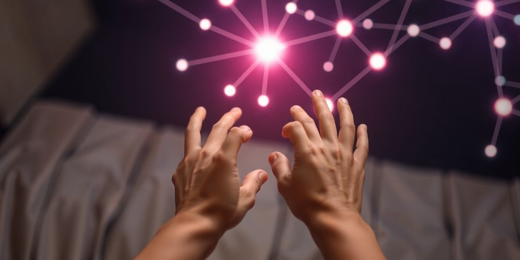 Person interacting with glowing abstract AI forms.