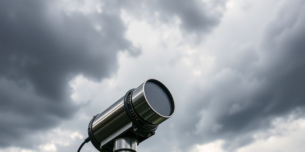 Cloudbuster device aiming at clouds for rain.