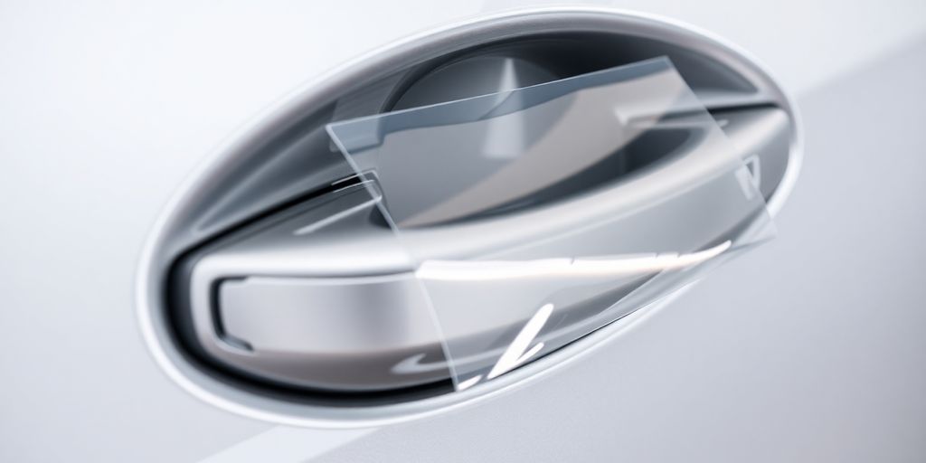 Shiny car door handle with protective film detail.
