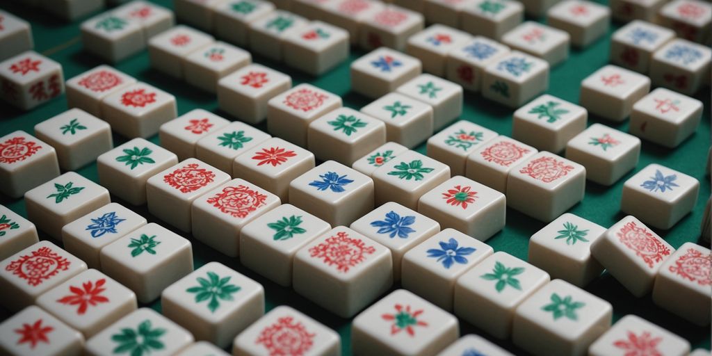 Mahjong tiles with various symbols neatly arranged in rows.
