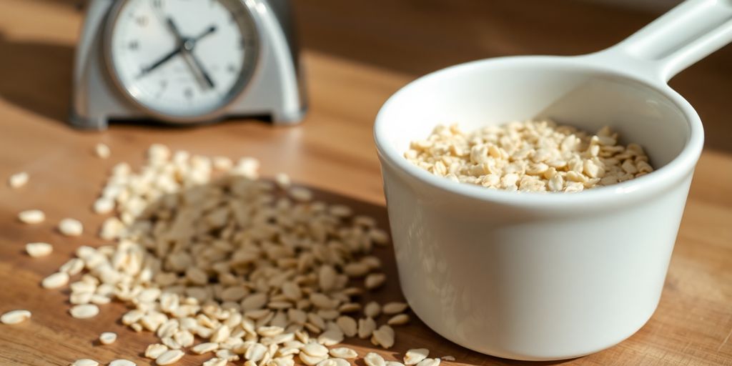 Oatmeal in measuring cup with loose oats next to it.