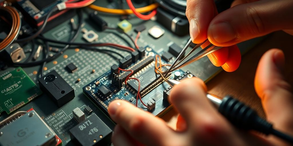 Embedded engineer working with circuit boards.