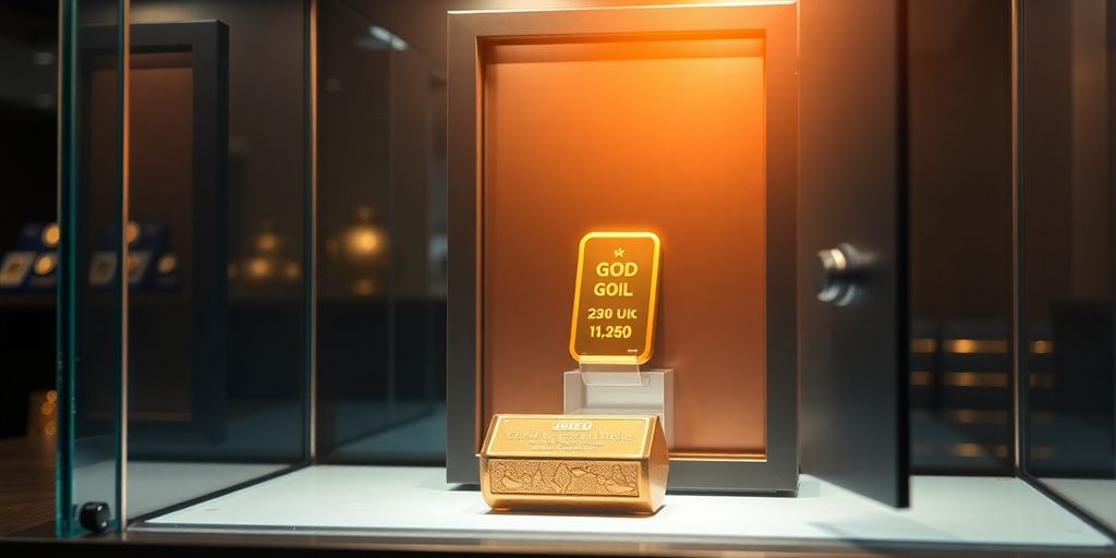 Lingot d'or dans une vitrine sécurisée.