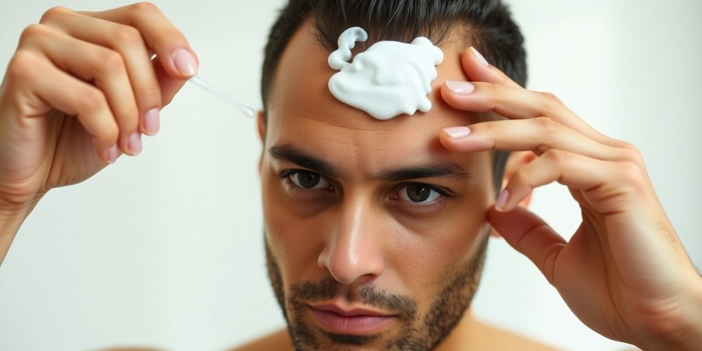 Man applying hair treatment in a bright bathroom.