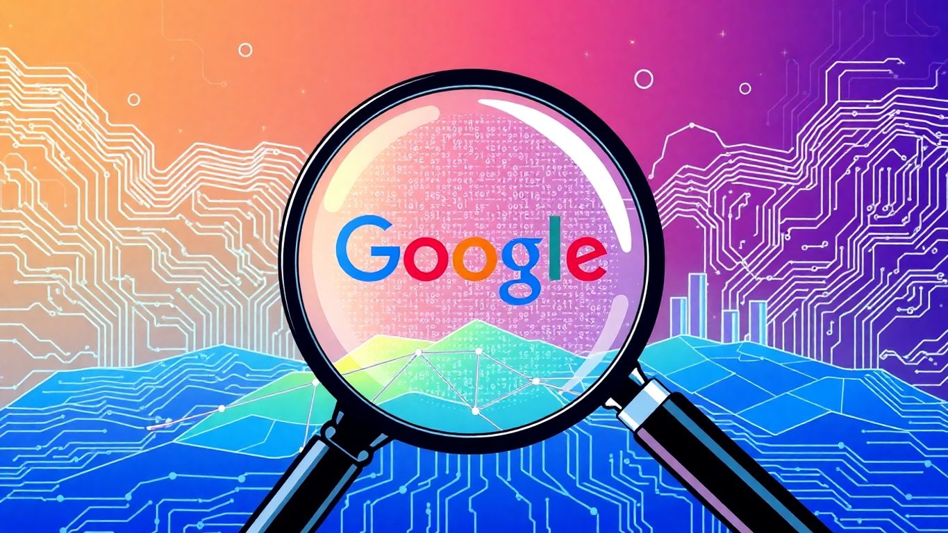Magnifying glass over digital landscape representing search algorithms.