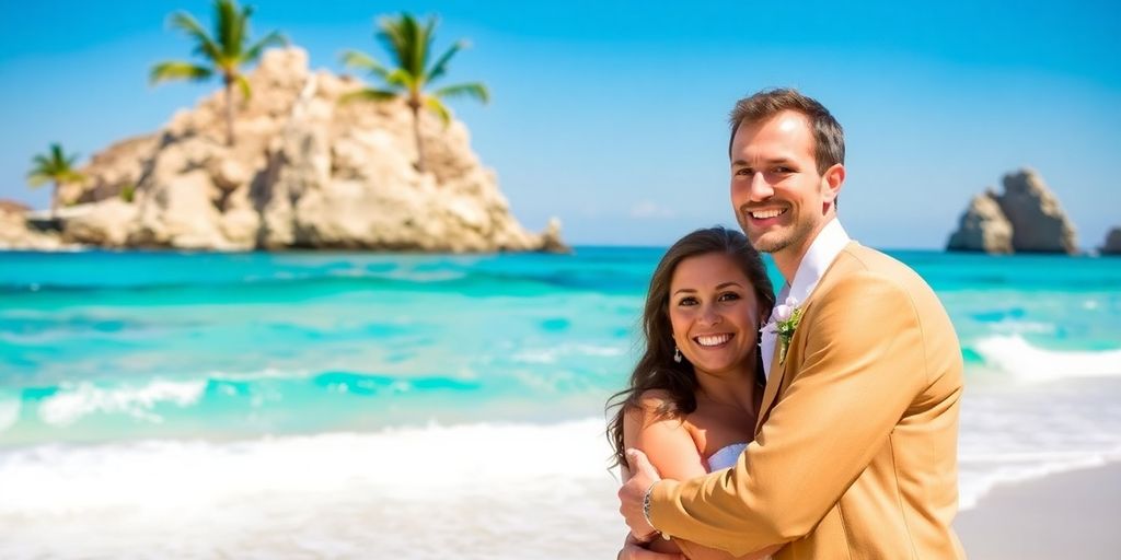 Bride and groom on a Cabo beach.