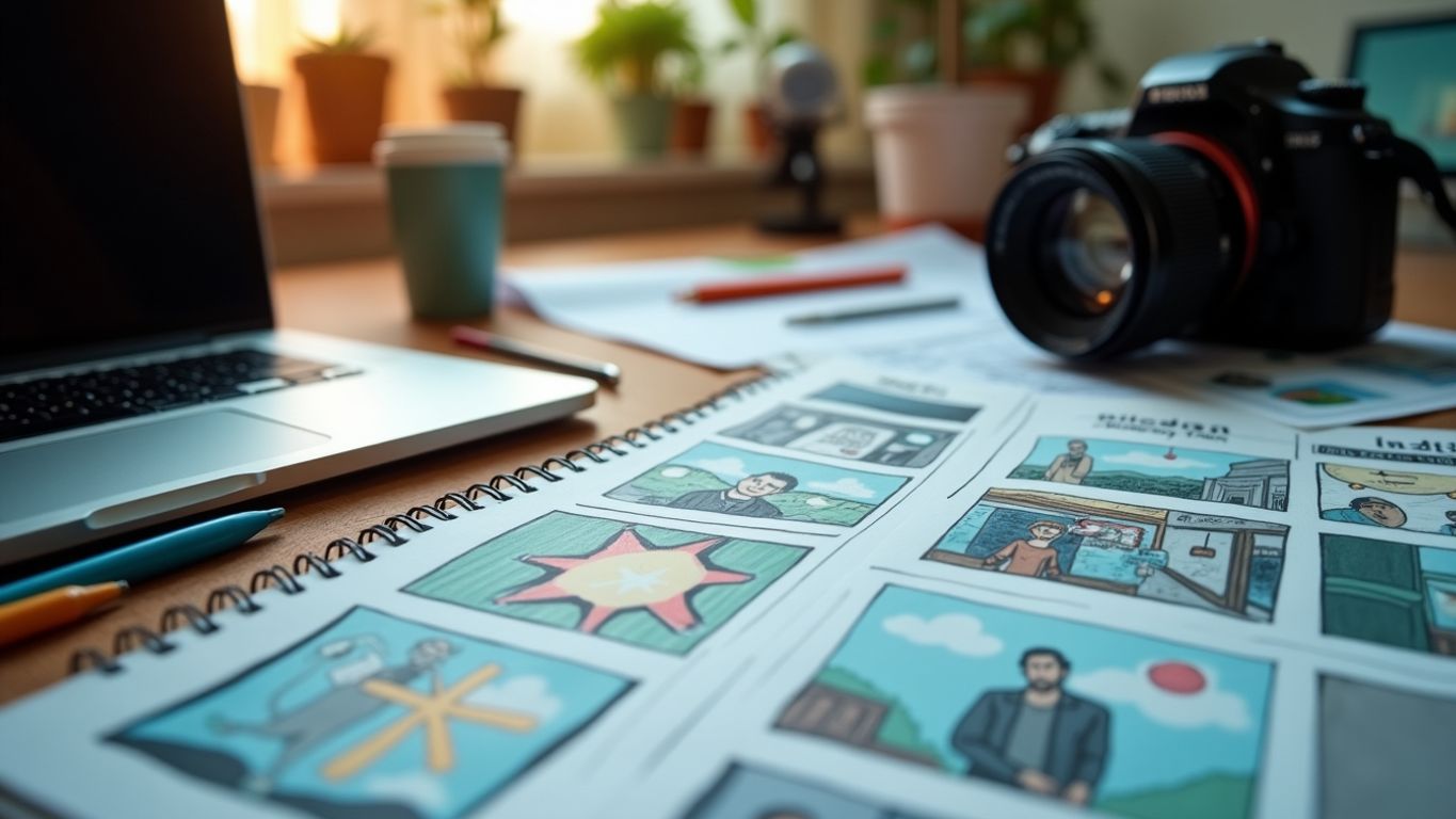 A workspace with laptop, camera, and storyboard sketches.