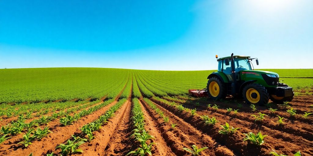 Câmp verde luxuriant cu tractor modern arând pământul.
