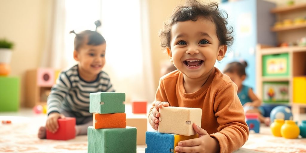 Child playing, smiling with blocks, colorful daycare background.
