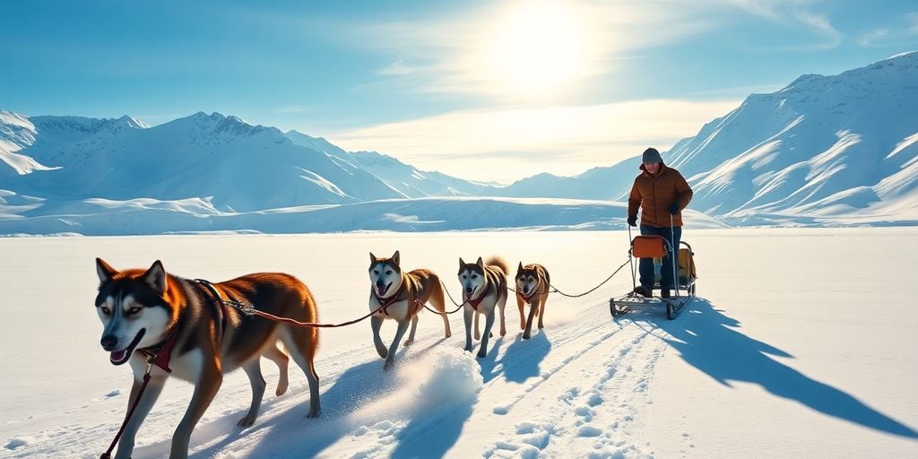 A team of huskies pulls a sled across an Alaskan glacier.