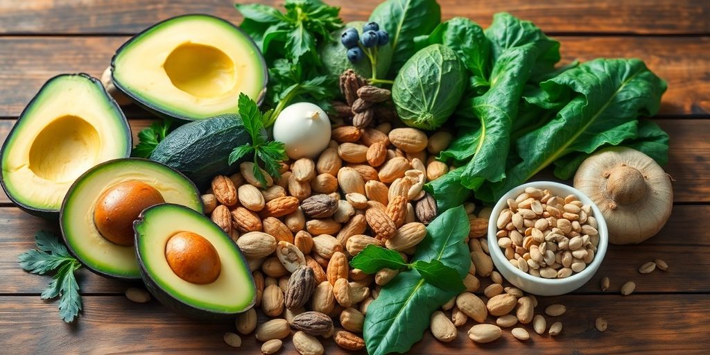 Veselryke voedsel soos avokado's, neute en blaargroente.