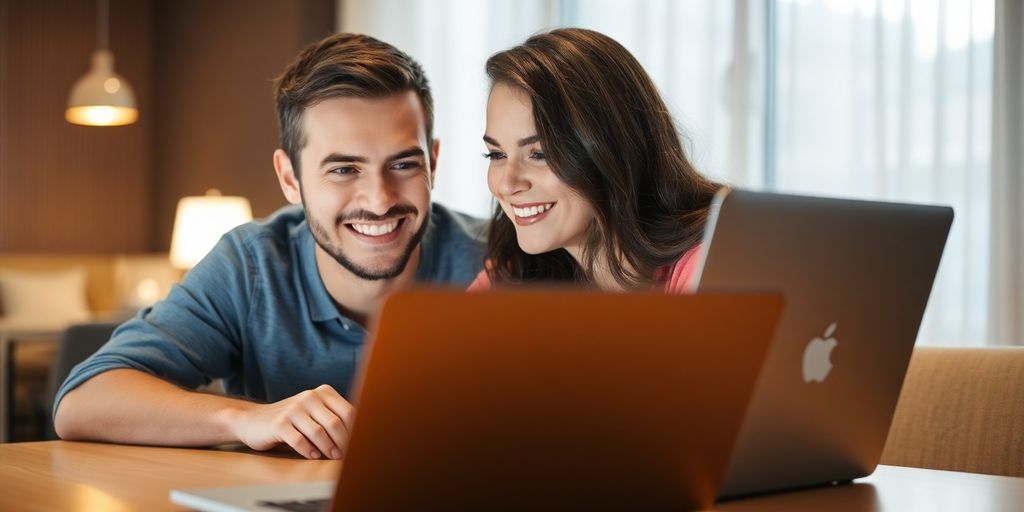 Two diverse people chatting online using laptops.