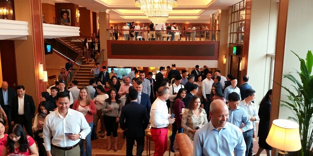 Busy hotel lobby with smiling customers and staff.