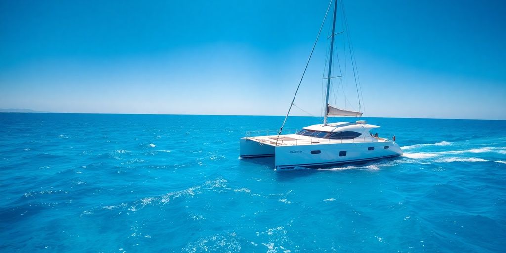 Luxurious catamaran sailing on blue ocean waves.