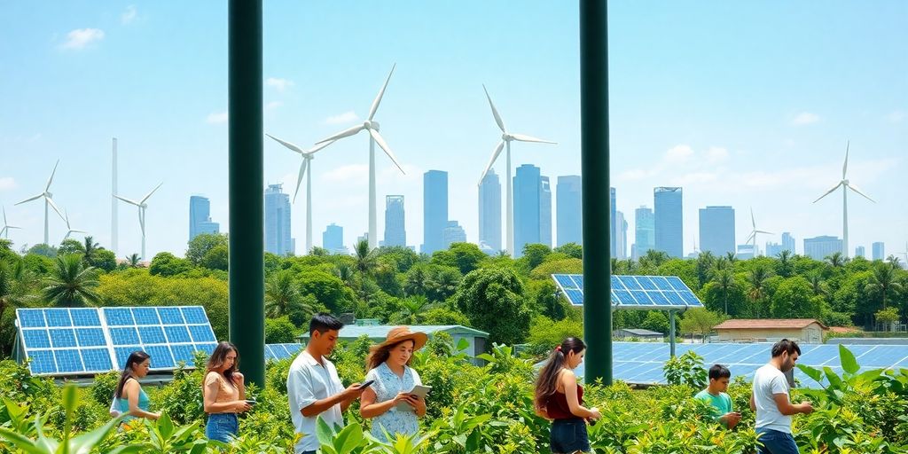 Un paysage urbain vert avec des énergies renouvelables.
