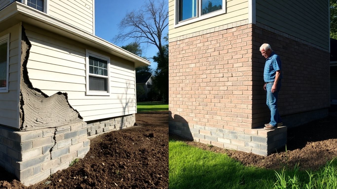 House foundation repair comparison: cracked vs. repaired.