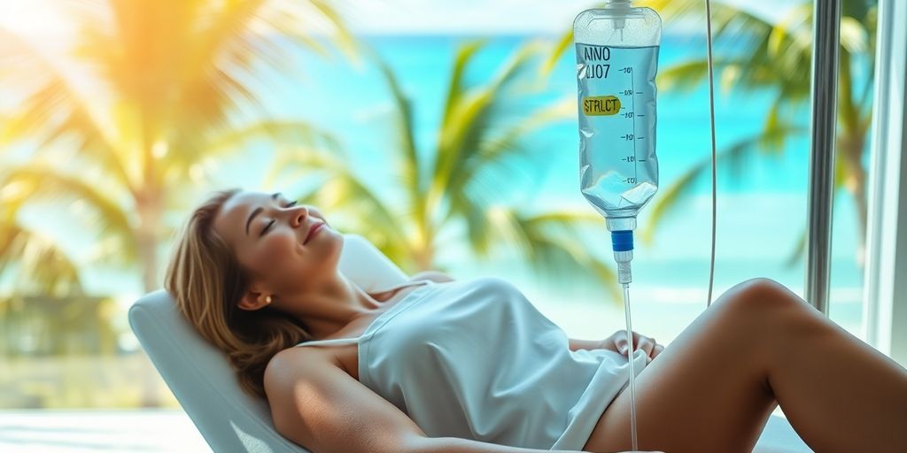 Woman reclines, receiving IV drip on tropical beach.