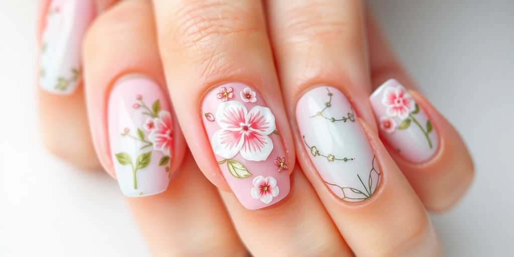 Unhas em gel decoradas com cores claras e design elegante.