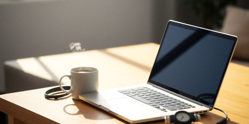 Laptop, coffee, and remote work tools on a desk.