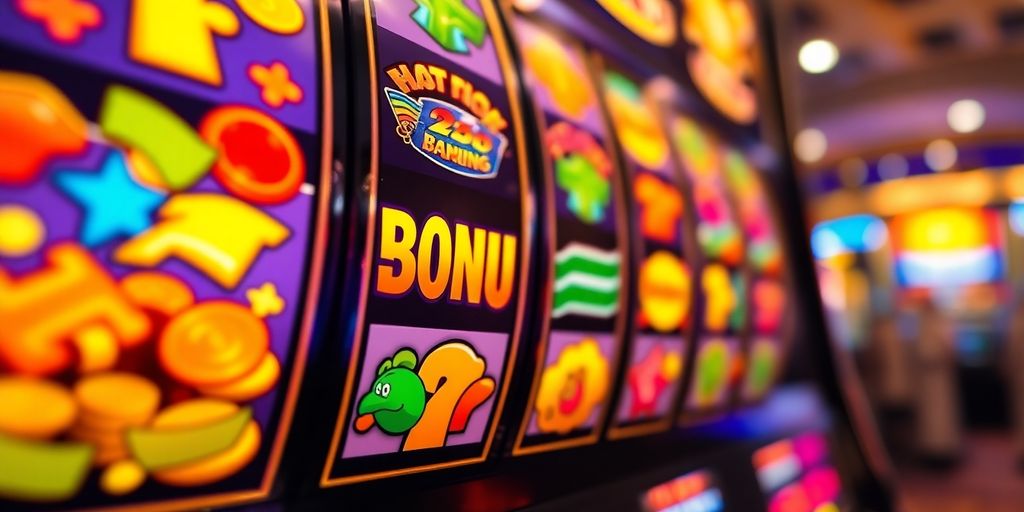 Slot machine with glowing bonus symbols and coins.