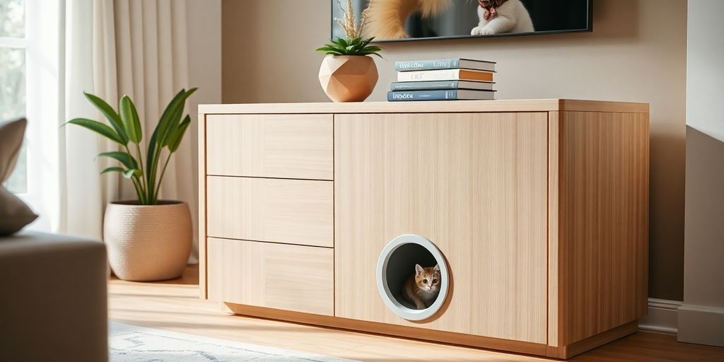 Elegant kattlådemöbel i modern heminredning.