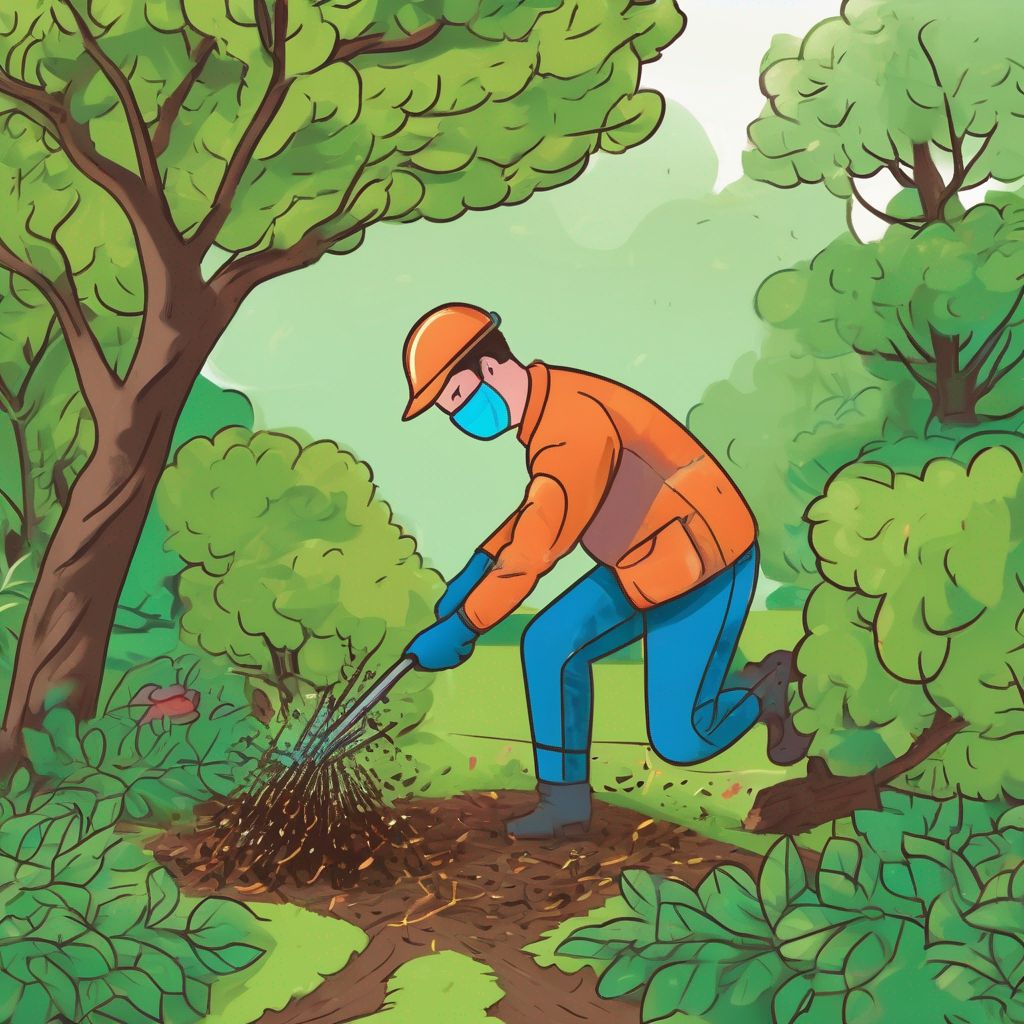 person trimming tree branches safely in a garden