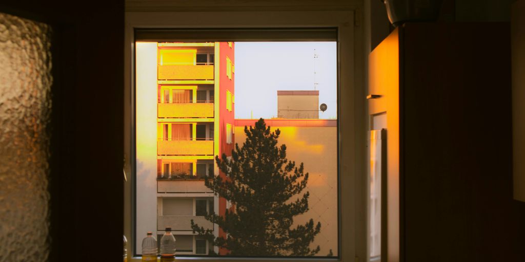 a view of a building through a window