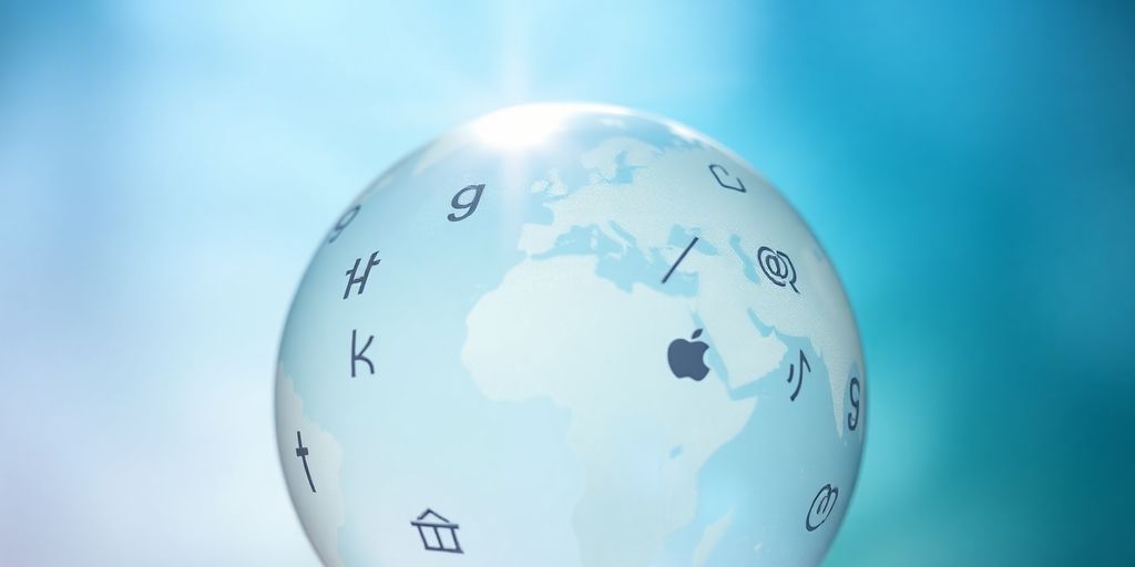 Globe with diverse language symbols orbiting it.