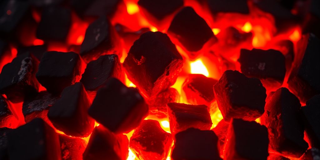 Charcoal briquettes glowing with intense heat for BBQ.