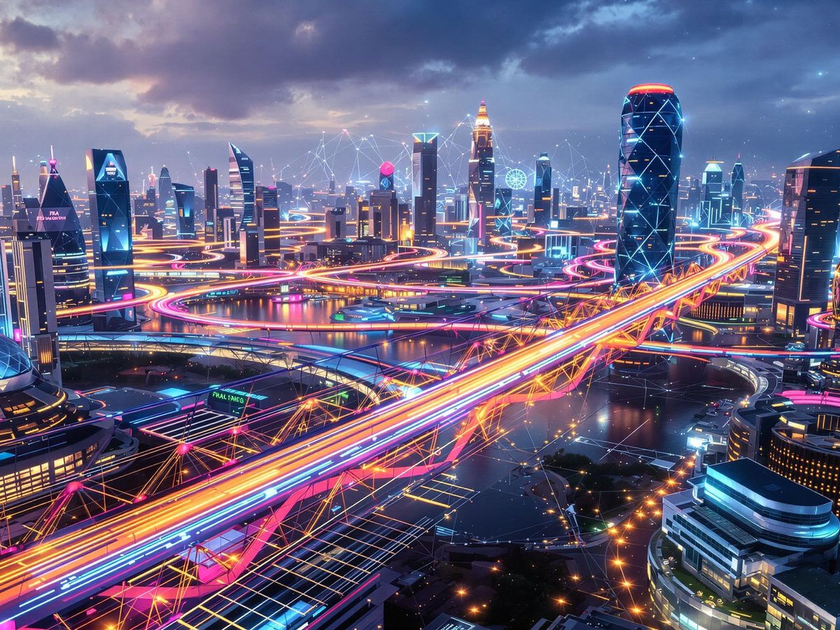 Futuristic city with digital bridges and blockchain technology.
