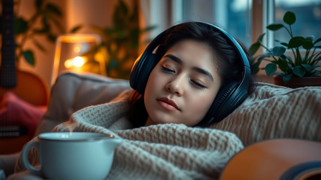Relaxed person with headphones resting under blanket in warm light.