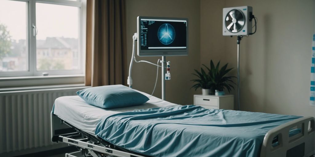 Adjustable hospital bed in a well-lit room, highlighting its features and comfort for patients in Rio de Janeiro.