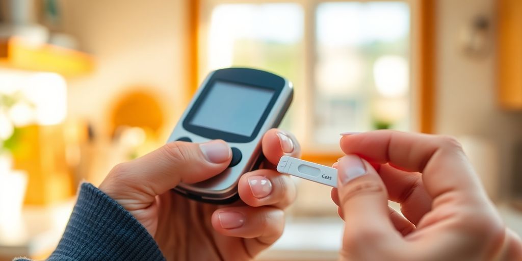Woman testing blood sugar, Caretouch strips.