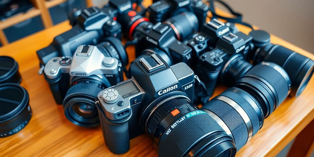 Verschiedene DSLR-Kameras und Objektive auf einem Tisch.