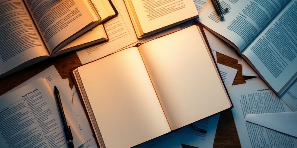 Open thesis notebook, scattered research papers, warm desk light.